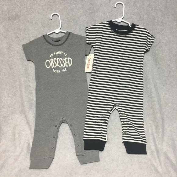 Cat and Jack Baby 12m 2pk Rompers 'Obsessed' Solid Gray and Black White Stripes - Picture 1 of 11